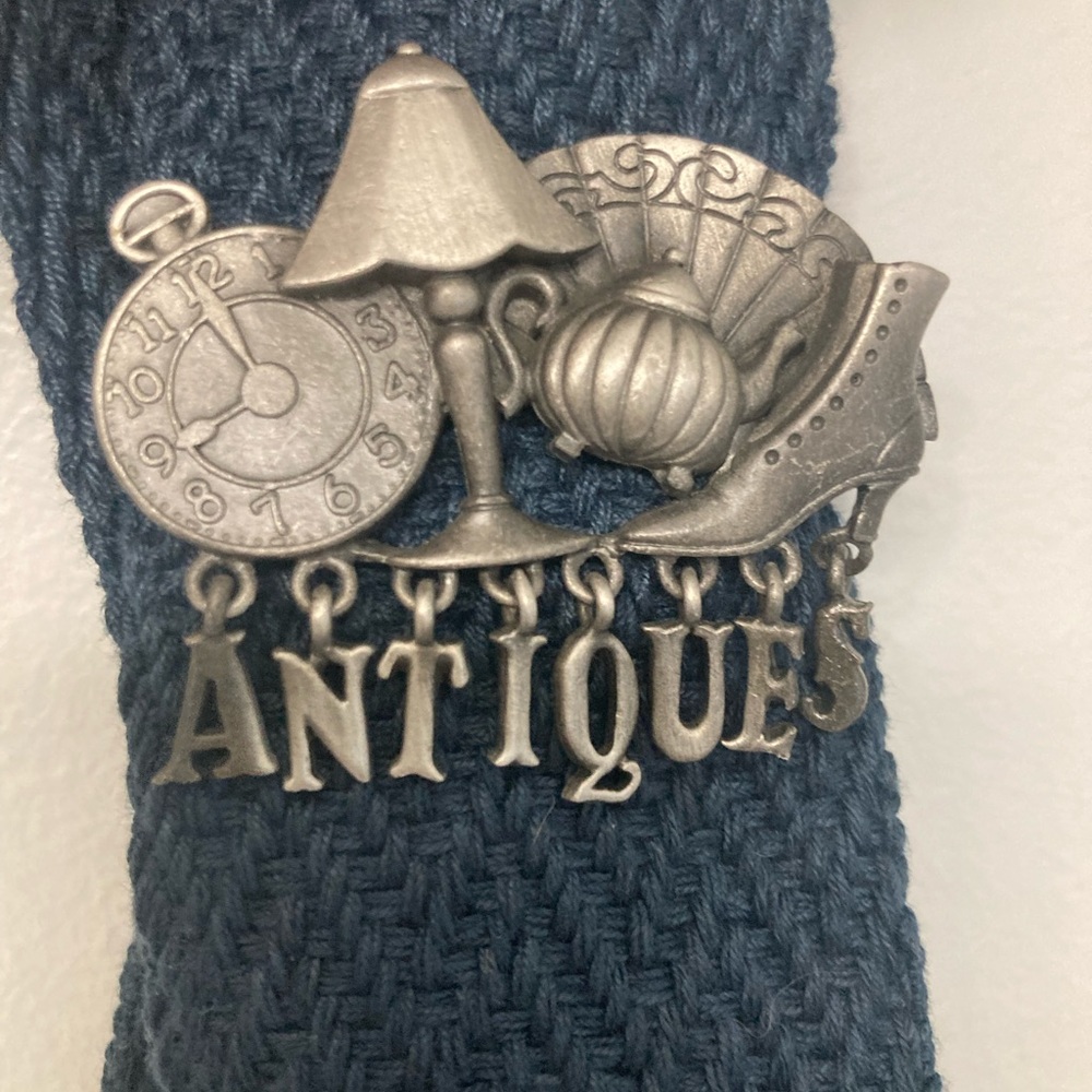 Vintage Antiques Brooch Pin Dangle Charm Letters ANTIQUES by AJC 2" x 2" Pewter